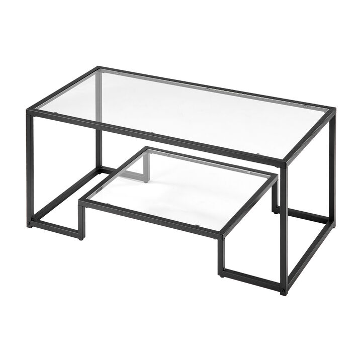 VEVOR Tempered Glass Coffee Table 2 Tiers Rectangle Center Desk with Metal Frame