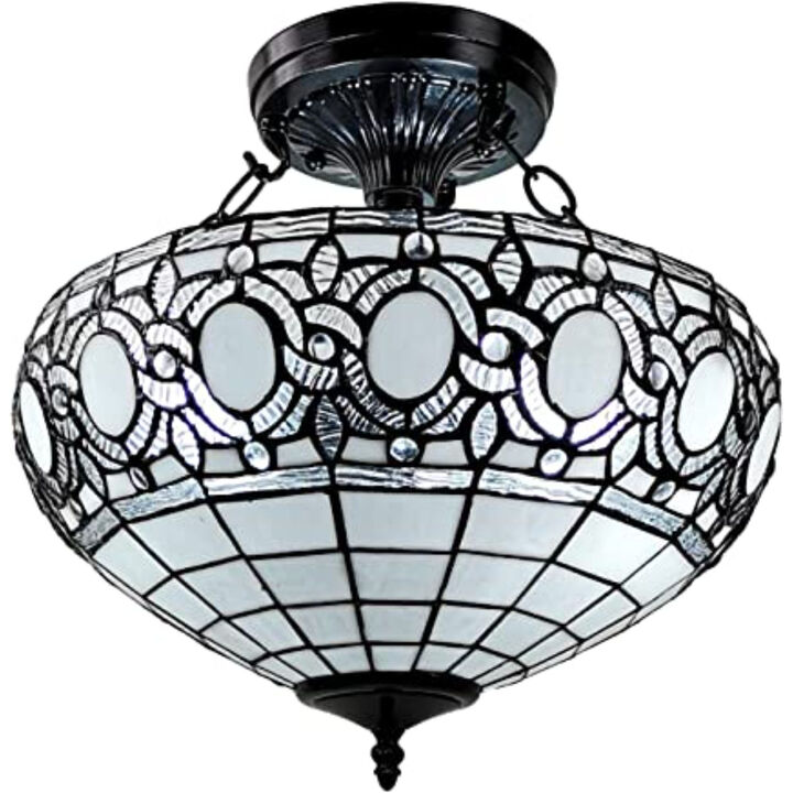 Hivvago Blue and Black Tiffany Style Two Light Glass Dimmable Semi Flush Ceiling Light
