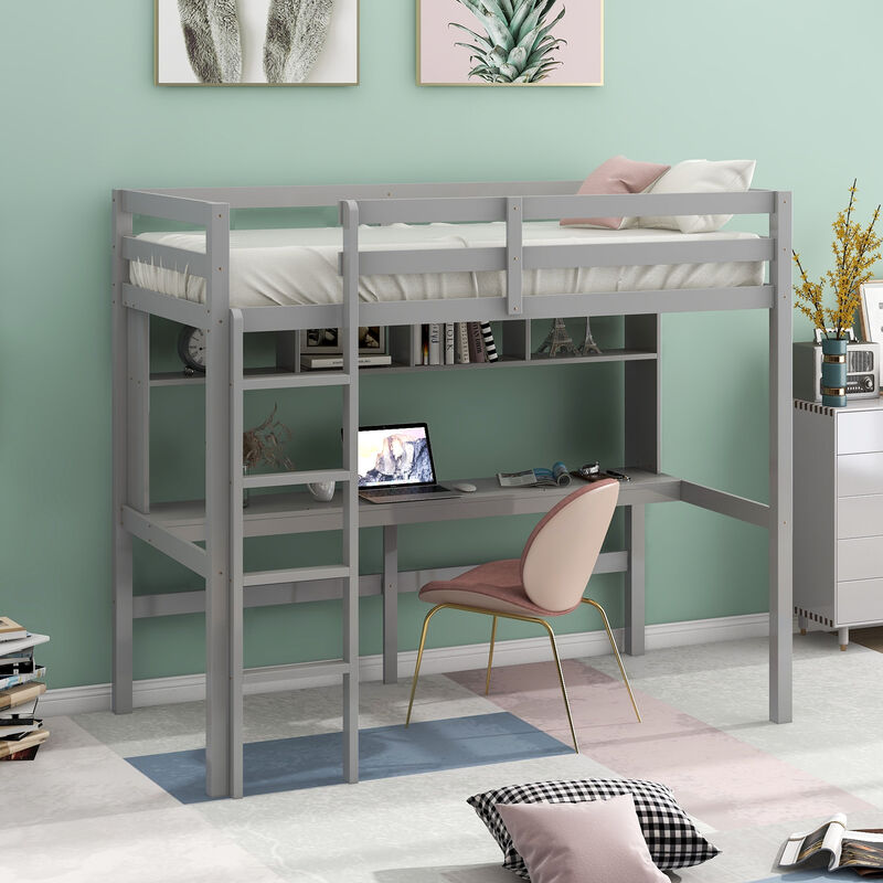 Merax Twin Size Loft Bed with Convenient Desk, Shelves, and Ladder