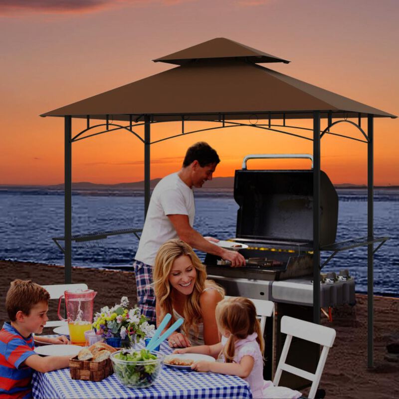 Hivvago Outdoor Double-Tiered Grill Gazebo Canopy with 2 Shelves and 7 Hooks