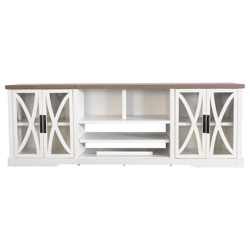 93" Farmhouse White TV Stand with Open Storage Shelves and Cabinets Media Console for TVs up to 85"