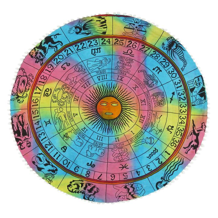 HomeRoots 32" Blue And Pink Floor Round Horoscope Throw Pillow Cover with Pompoms