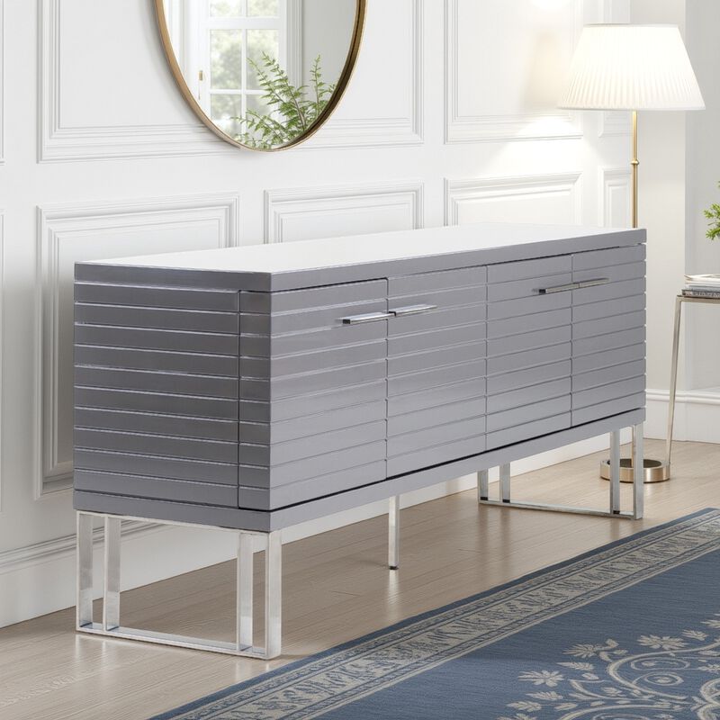 Cid Resu Sideboard Buffet Cabinet, 4 Doors w Slatted Design, 79 Inch, Glossy Gray