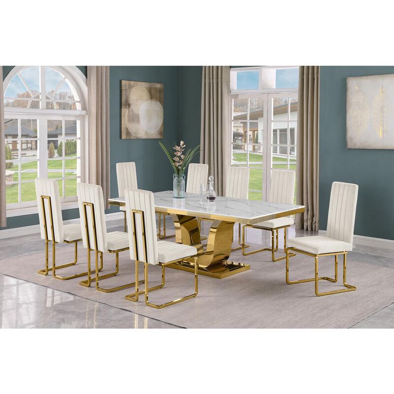 9pc Large(78") marble top dining set with gold base and 8 Cream side chairs