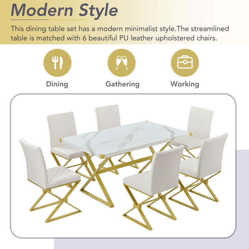7-Piece Modern Dining Table Set, Rectangular Marble Texture Kitchen Table and 6 PU leather Chairs with X-Shaped Gold Steel Pipe Legs for Dining Room (White)