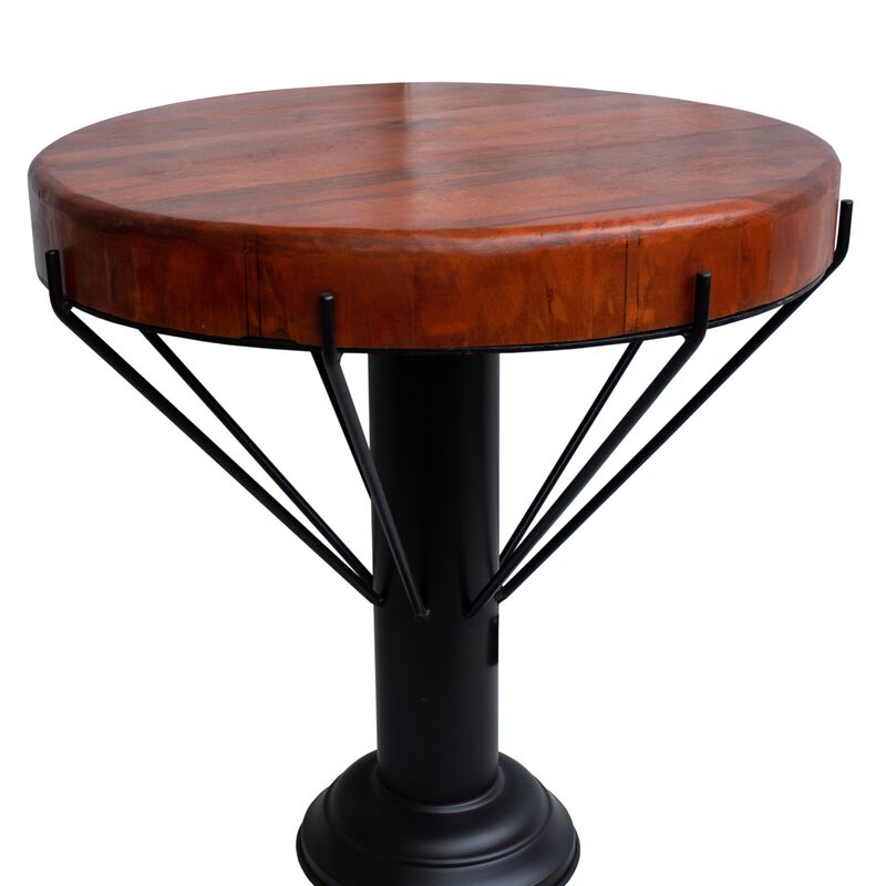 26 Inch Handcrafted Round Side End Table, Thick Mango Wood Top, Black Iron Pedestal Base-Benzara