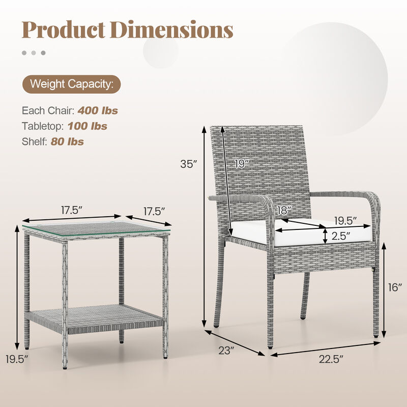 3 Piece Balcony Patio Furniture Set with Seat Cushions and Tempered Glass Tabletop image number 2