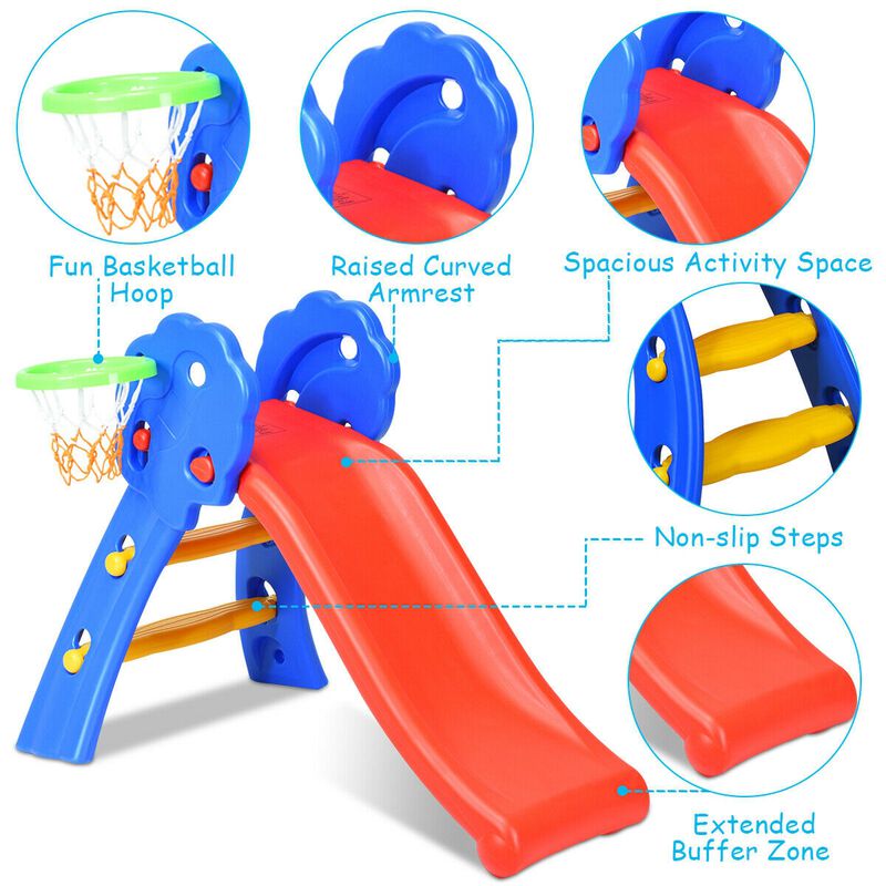 Foldable 2-Step Kids Slide with Hoop for Indoor Fun &ndash; Red, Blue, Yellow image number 4