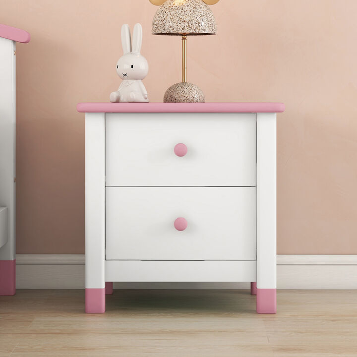 Wooden Nightstand with Two Drawers for Kids,End Table for Bedroom,White+Pink