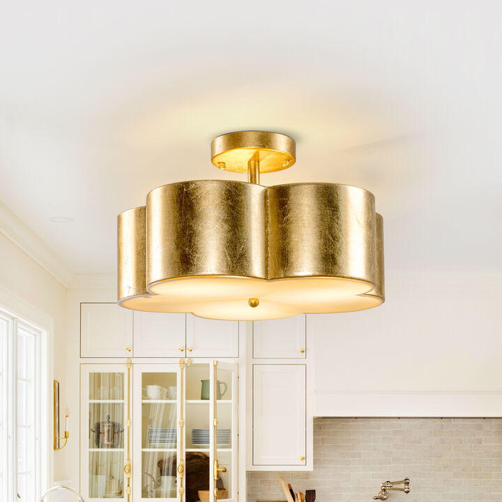 15.4" Distressed Gold 3-Light Flower Semi-Flush Mount Ceiling Light