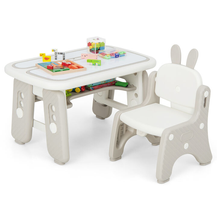 Kids Table and Chair Set with Flip-Top Bookshelf-Grey