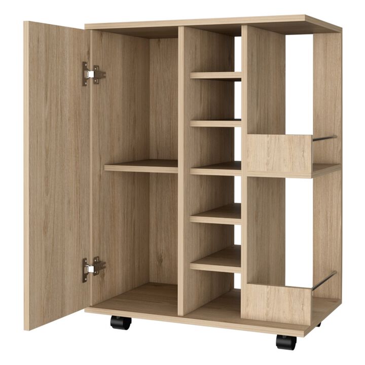 28 Inch Modern Bar Cabinet, 6 Compartments, Laminate Finish, Oak Brown-Benzara