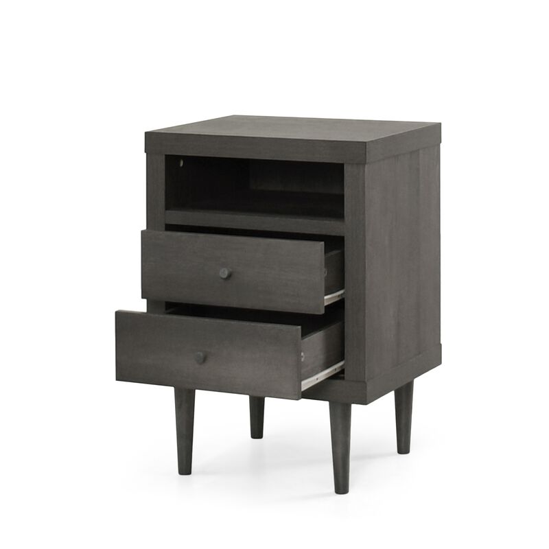 Minie Nightstand with 2 Drawers, Shelf, Rubberwood Legs, Dark Gray - Benzara