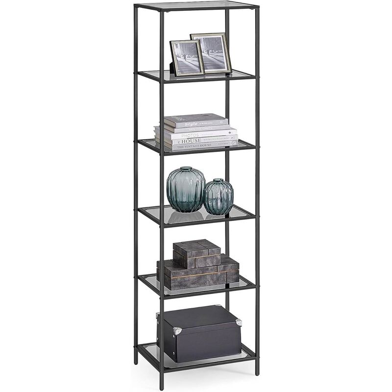 Narrow Glass Shelves Bookcase 5-Shelf Shelving Unit with Metal Frame