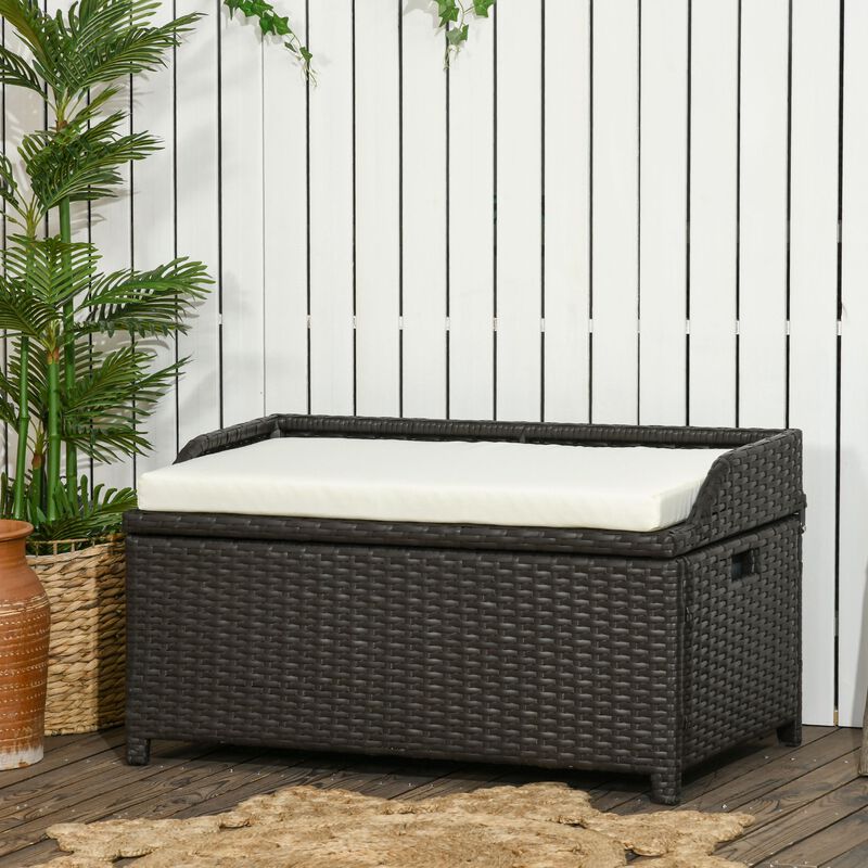 Outsunny Outdoor Wicker Storage Bench Deck Box, PE Rattan Patio Furniture Pool Container Storage Bin with Interior Waterproof Bag and Comfortable Cushion, Cream White