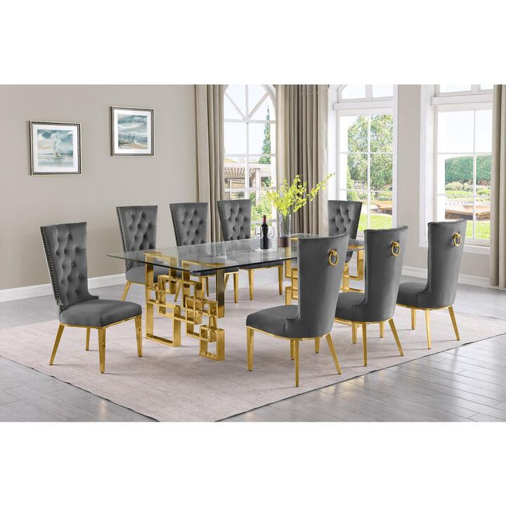 9-piece glam dining set with 8 dark grey chairs and a 95" long glass  table