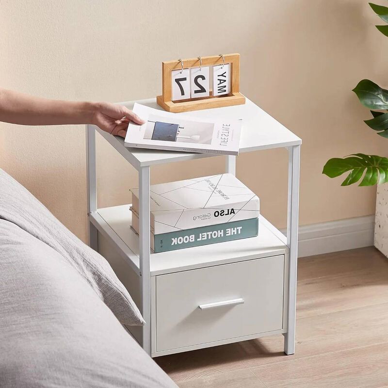 Set of 2 Contemporary Metal Wood End Tables with Drawer for Bedroom