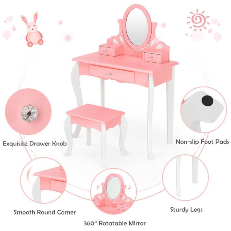 Hivvago Kids Vanity Princess Makeup Dressing Table Stool Set with Mirror and Drawer