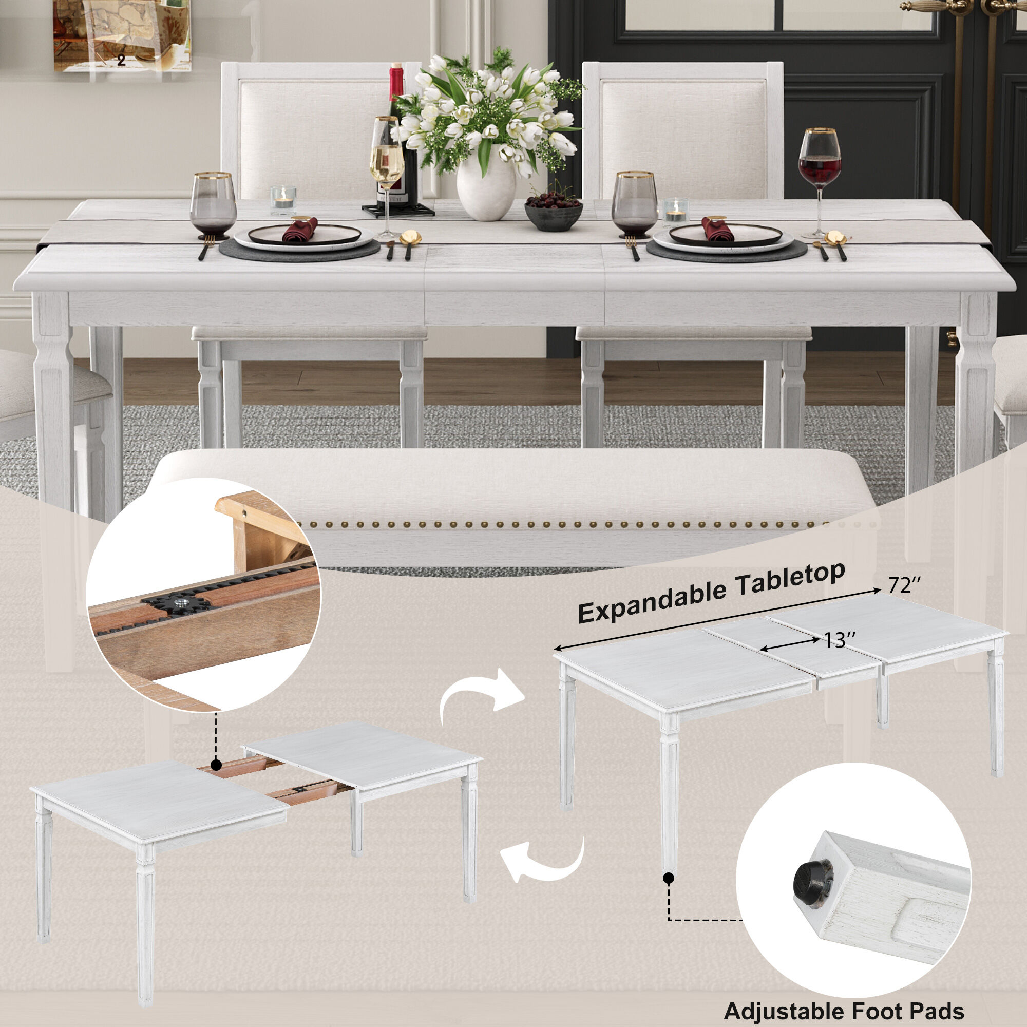 Whisen Vintage Extendable 6-Piece Dining Table Set with 4 Chairs