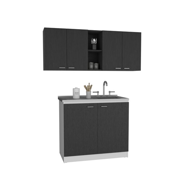 Luther 2 Piece Kitchen Set, Wall Cabinet + Utility Sink Cabinet, Black / White