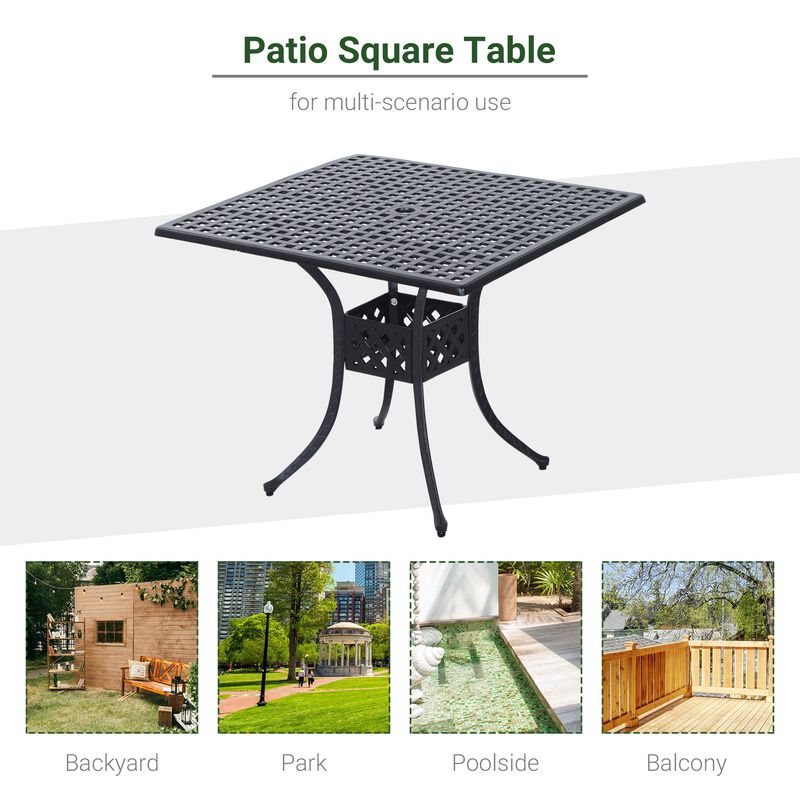 Alfresco Dining Surface: 36" Square Metal Patio Table with Umbrella Hole