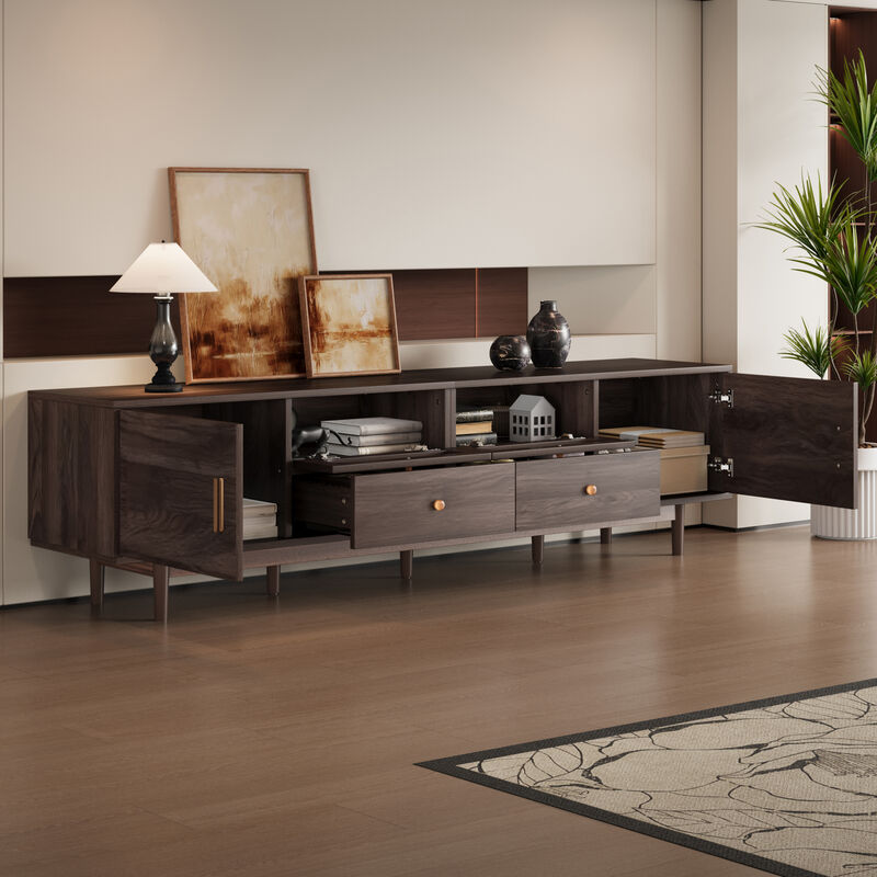 Merax Entertainment Center with Rattan Accents, Drop-Down Compartments, Large Drawers image number 2