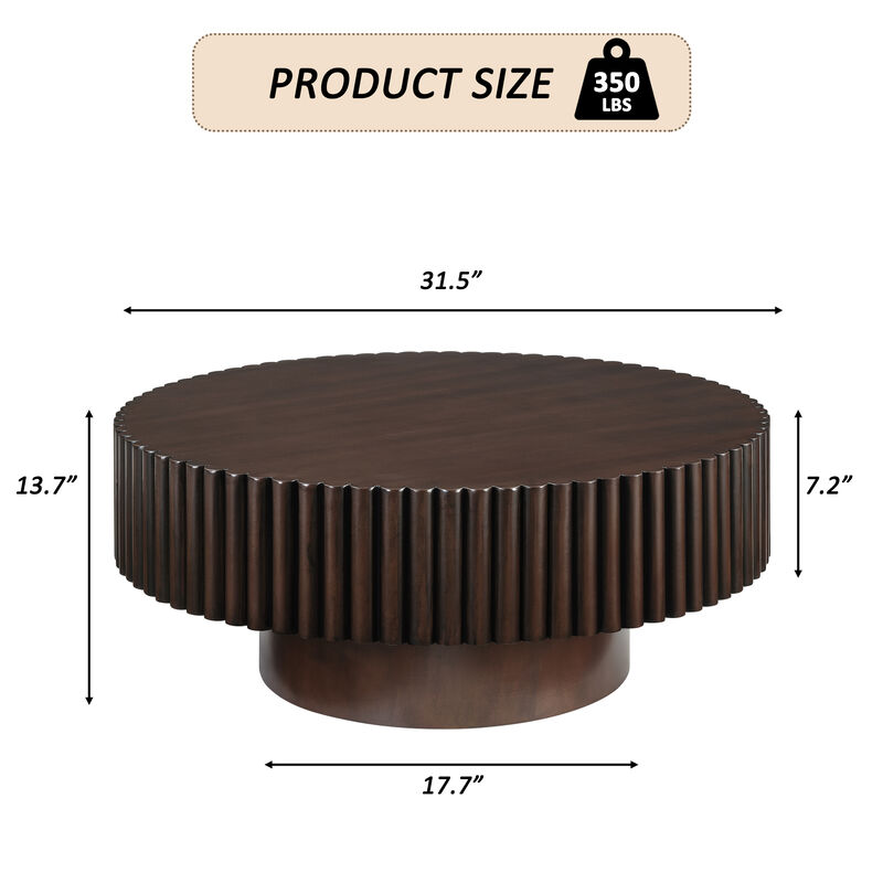 31.5'' Round Wood Coffee Table, Modern Fluted Drum Tea Table, Retro Circle Center Table image number 6