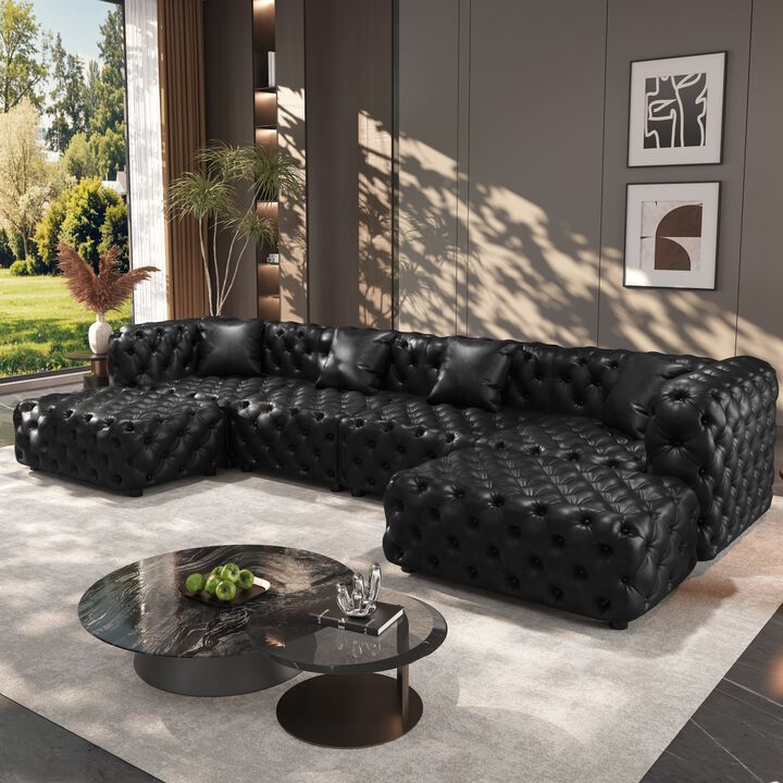 Whisen 4-Seat Modern Modular Sectional with 2 Ottomans, Faux Leather Upholstered, for Living Room