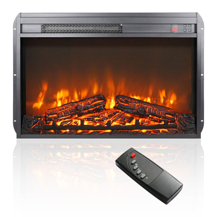 26 inch electric fireplace insert, ultra thin heater with log set & realistic flame, remote control with timer, overheating protection