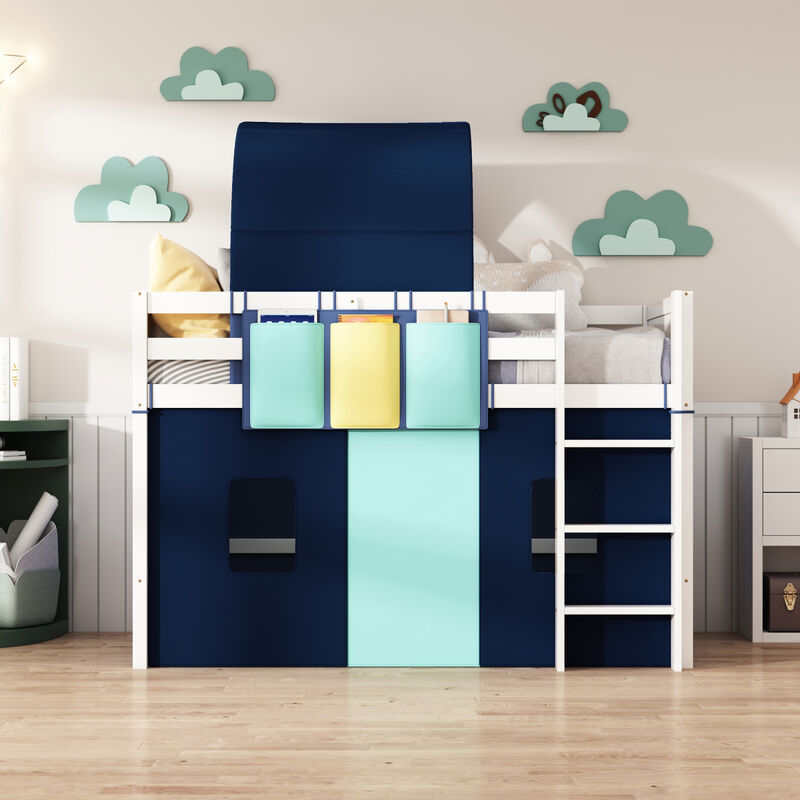 Twin Size Loft Bed with Tent and Tower and Three Pockets Blue