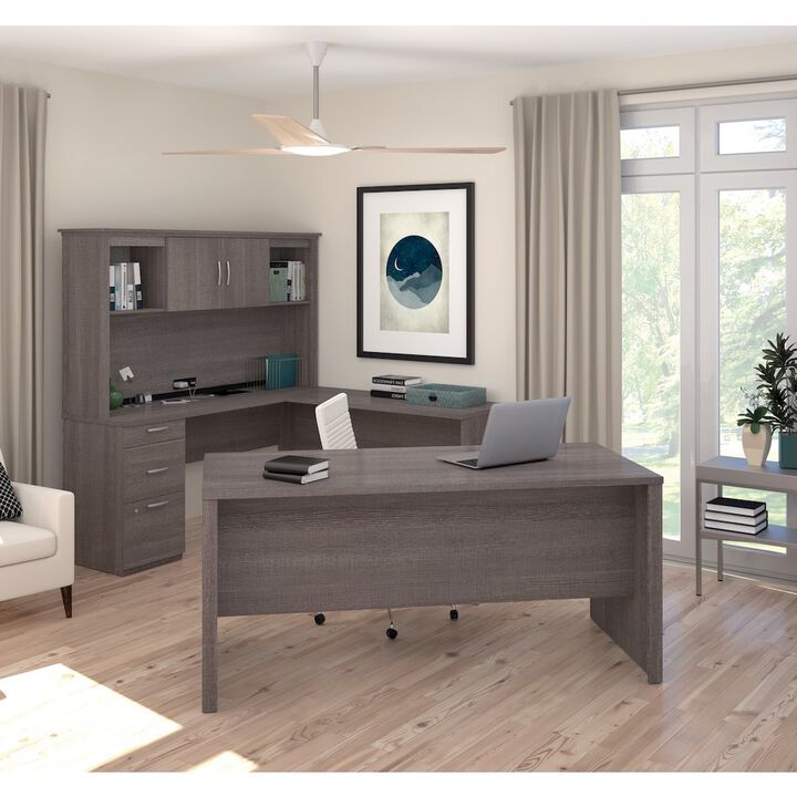 Bestar Logan 66W U or L-Shaped Executive Office Desk with Pedestal and Hutch in bark grey