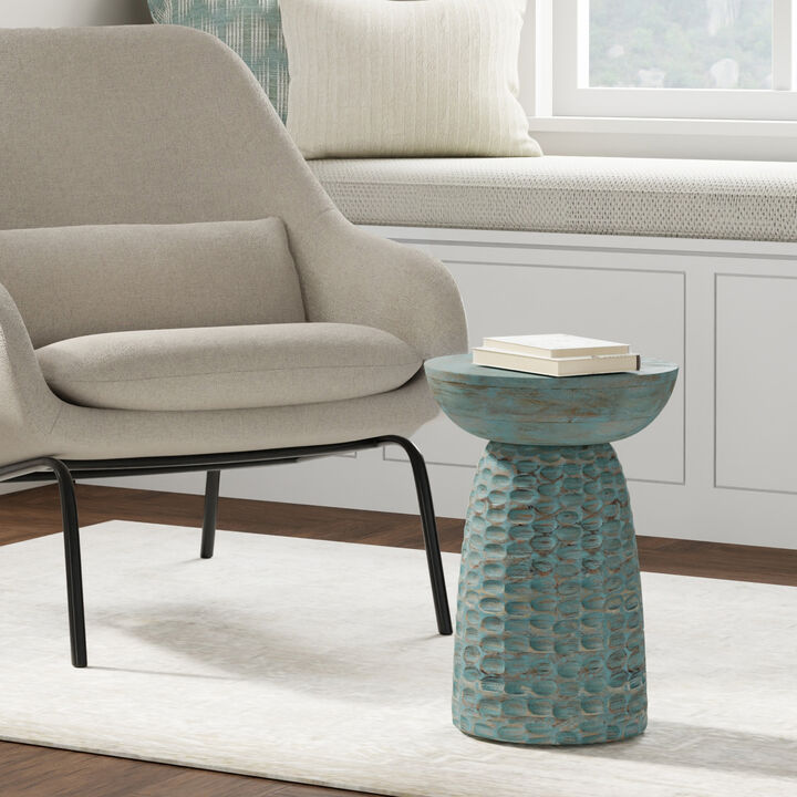 Boyd 13 inch Wide Solid Wood Contemporary Accent Table in Teal Wash, Assembled