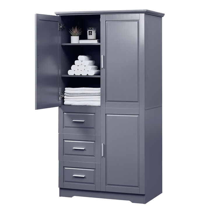 Tall and Wide Storage Cabinet with Doors for Bathroom/Office, Three Drawers, Grey