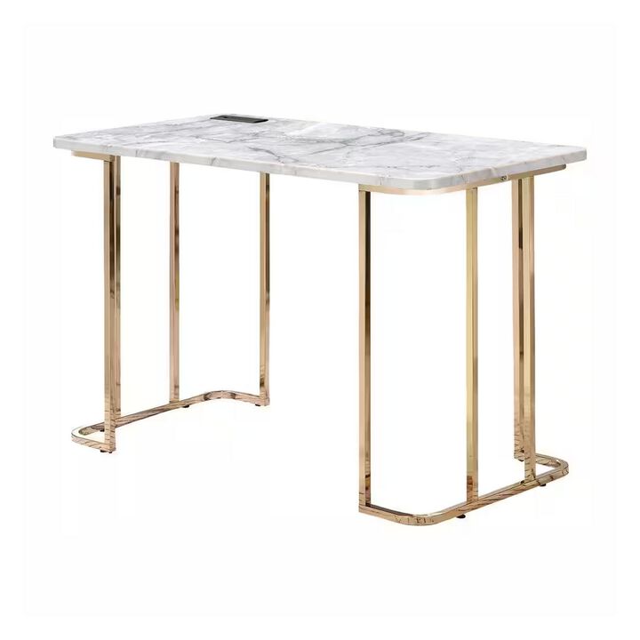 Jenny 47 Inch Desk, USB Power Outlet, Gold Metal Legs, White Faux Marble - Benzara