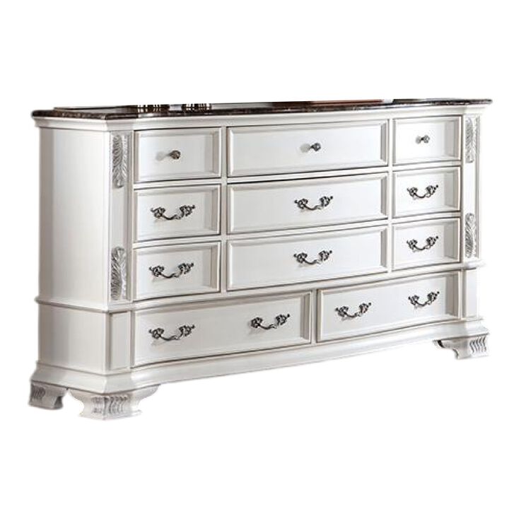 Prio Wide Dresser, 11 Drawers, Marble Top, Carved Pearl White Wood