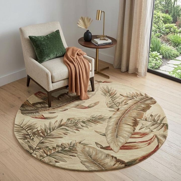 HomeRoots Wool Tropical Botanical Hand Tufted Round Rug