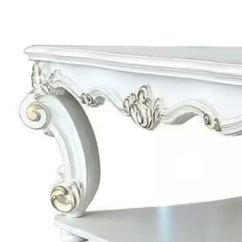 Benjara Jess 58 Inch Coffee Table, Square, Traditional Scrolled Legs, Brushed, White and Gold