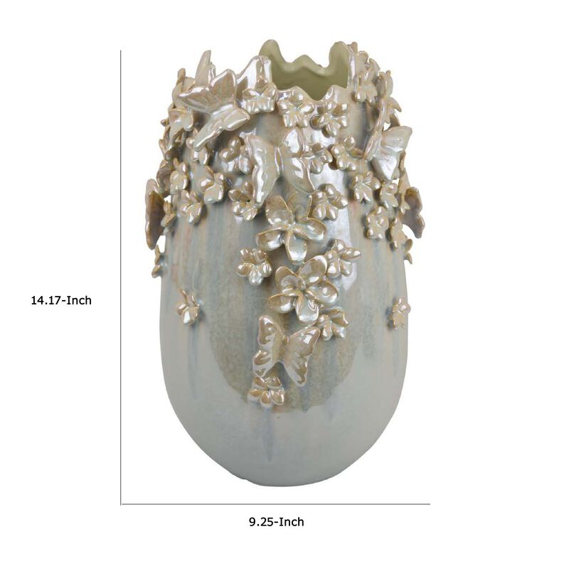 Accent Vase, Gray Silver Ceramic, Flowers and Butterflies, 14 Inch