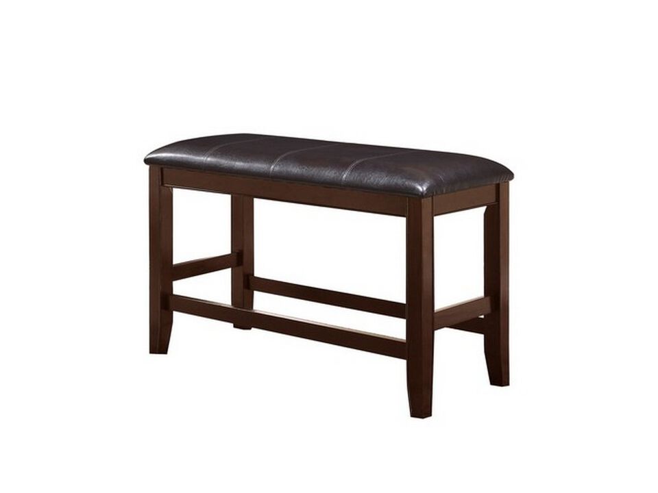 Wooden Counter Height Bench with Leatherette Seat, Brown and Black - Benzara