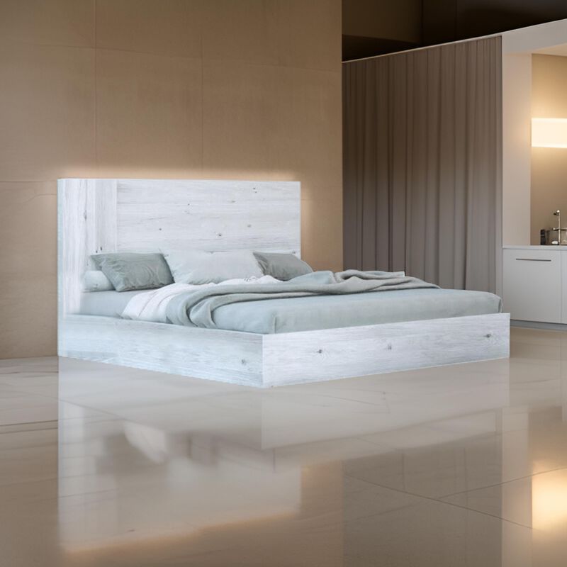 Noe Zid Queen Size Platform Bed, Panel Headboard, White Finish, Modern - Benzara