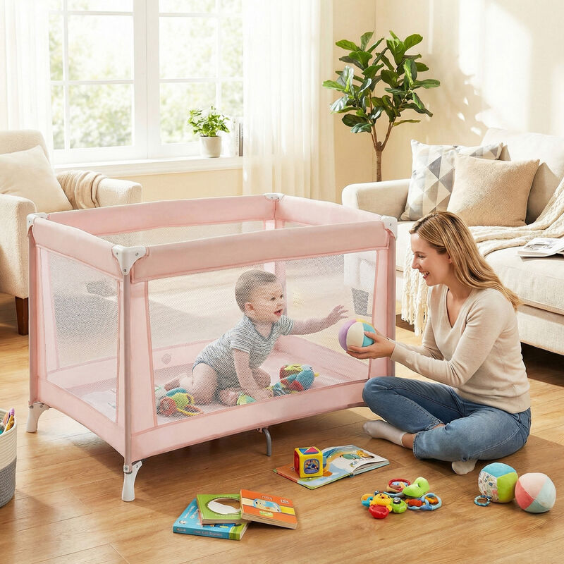 Folding Baby Playard with Soft Mattress and Portable Travel Crib for Infants image number 1