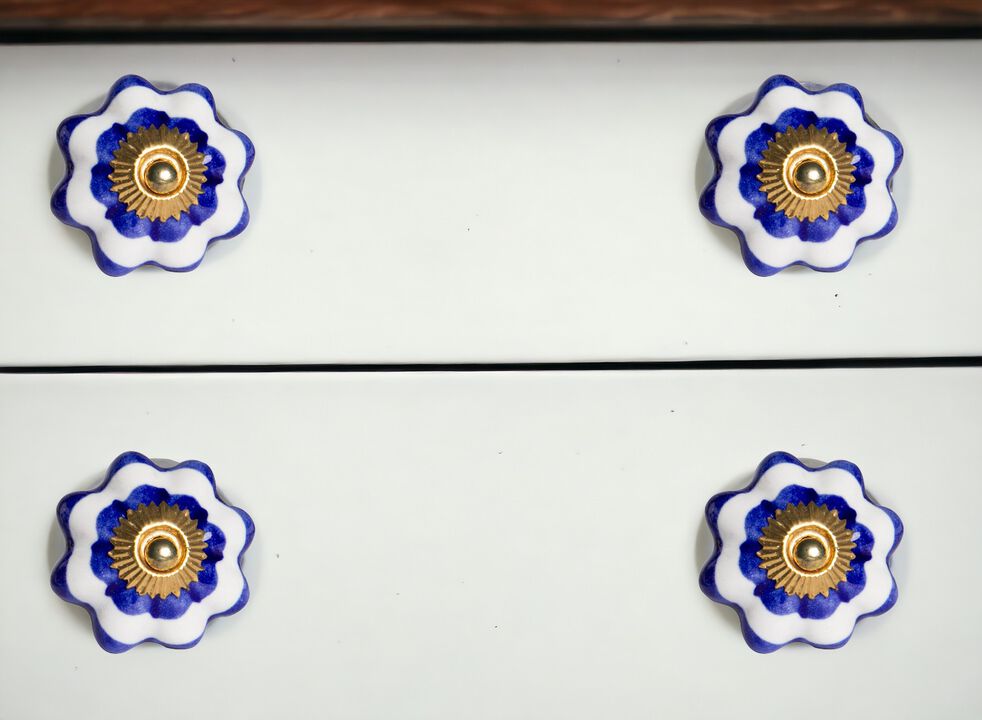 HomeRoots Set of Eight Blue And White Ceramic And Metal Drawer Pull Knobs