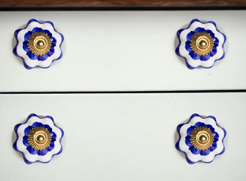 HomeRoots Set of Eight Blue And White Ceramic And Metal Drawer Pull Knobs image number 1