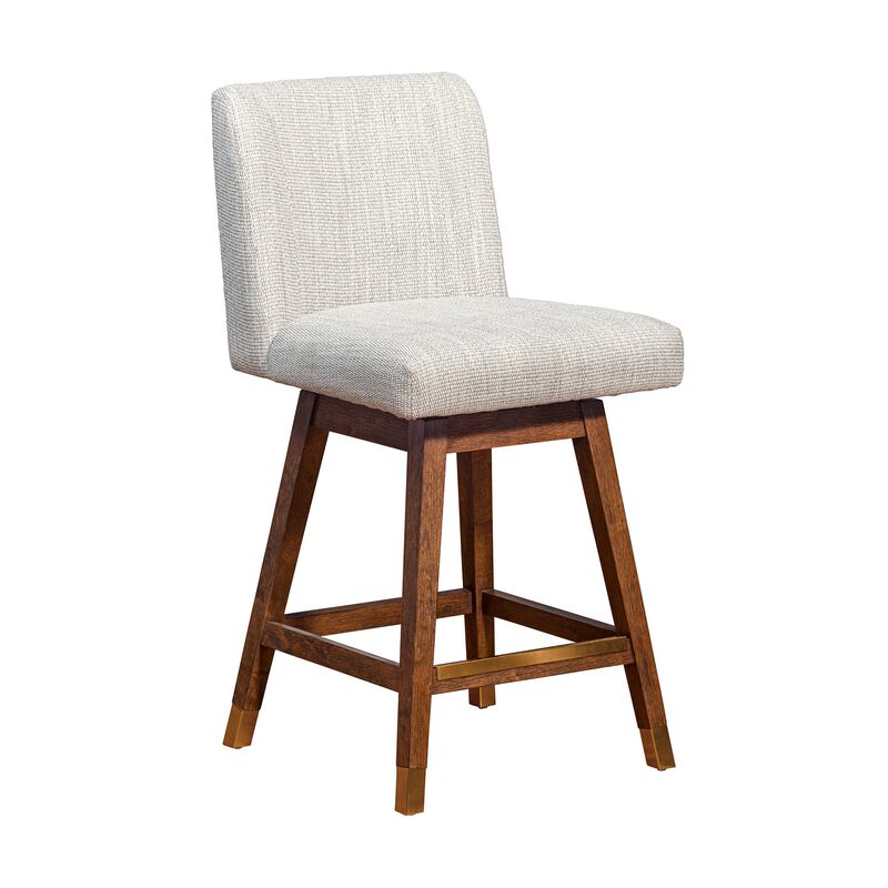 Lia 26 Inch Swivel Counter Stool Chair, Brown Wood Frame, Beige Polyester