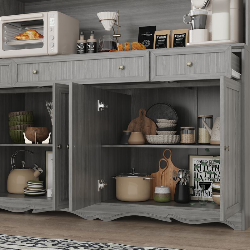 Gray Painted Wooden 61.2 in. W Buffet and Hutch Kitchen Cabinet with Drawers and Adjustable Shelves, Glass Doors image number 3
