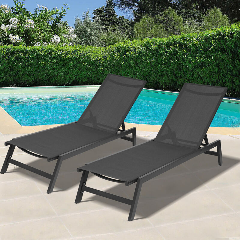 Outdoor 4-Pcs Set Chaise Lounge Chairs, Five-Position Adjustable Aluminum Recliner, All Weather for Patio, Beach, Yard, Pool ( Grey Frame/ Black fabric) image number 2