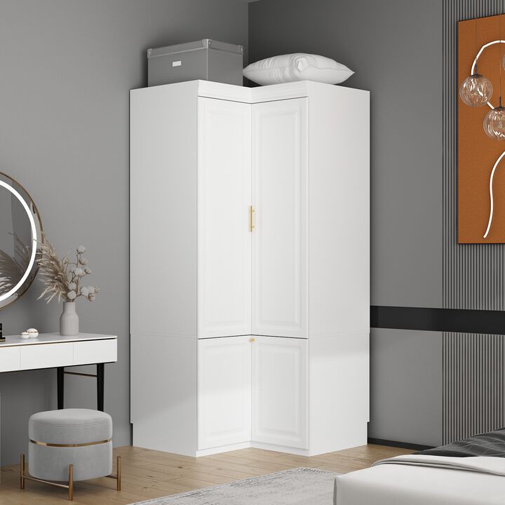 FUFU&GAGA  Tall Corner Wardrobe with Adjustable Shelves and Hanging Rod, (35.4" W x 35.4" D x74.2" H),White