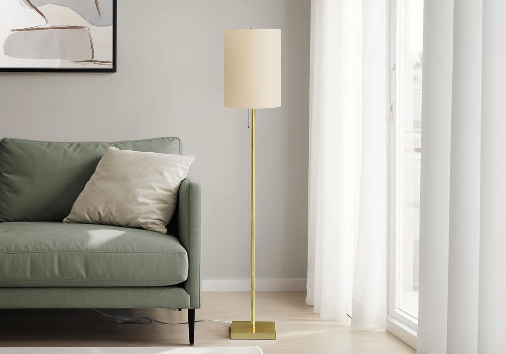 Monarch Specialties I 9759 Lighting, Floor Lamp, 62" H, Brass Metal, Ivory/Cream Shade, Contemporary