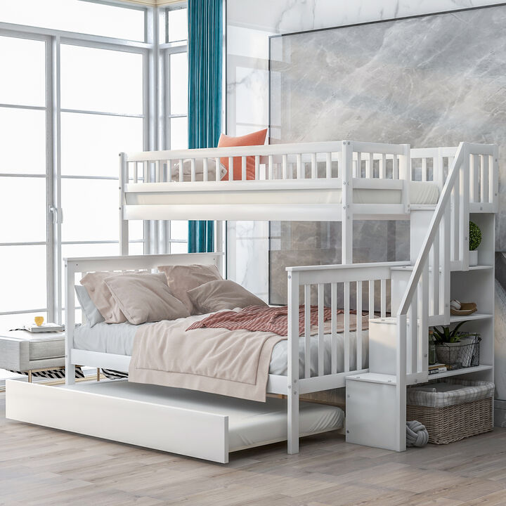 Whisen Twin over Full Bunk Bed with Trundle and Storage Staircase - Gray