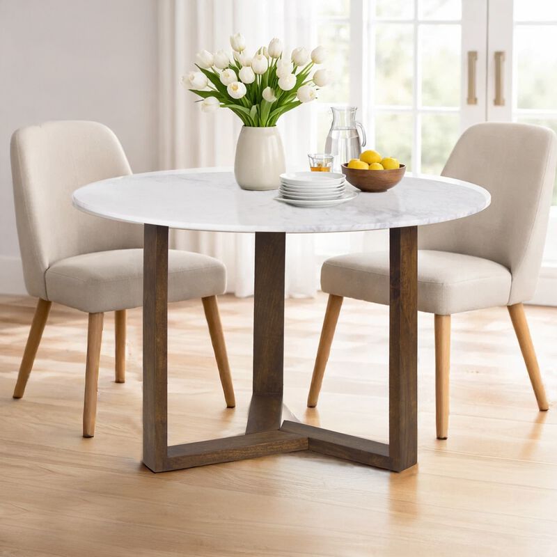 Fina 48 Inch Round Dining Table, White Genuine Marble Top, Natural Brown Mango Wood 3 Leg Sled Base image number 9